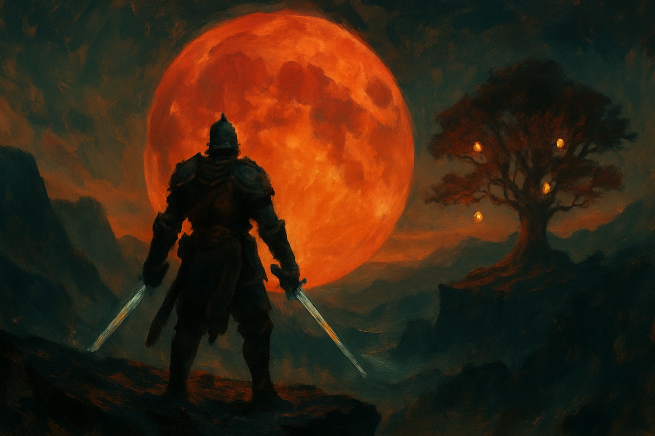 Painterly key art for the Worlds chapter — a moody fantasy landscape.
