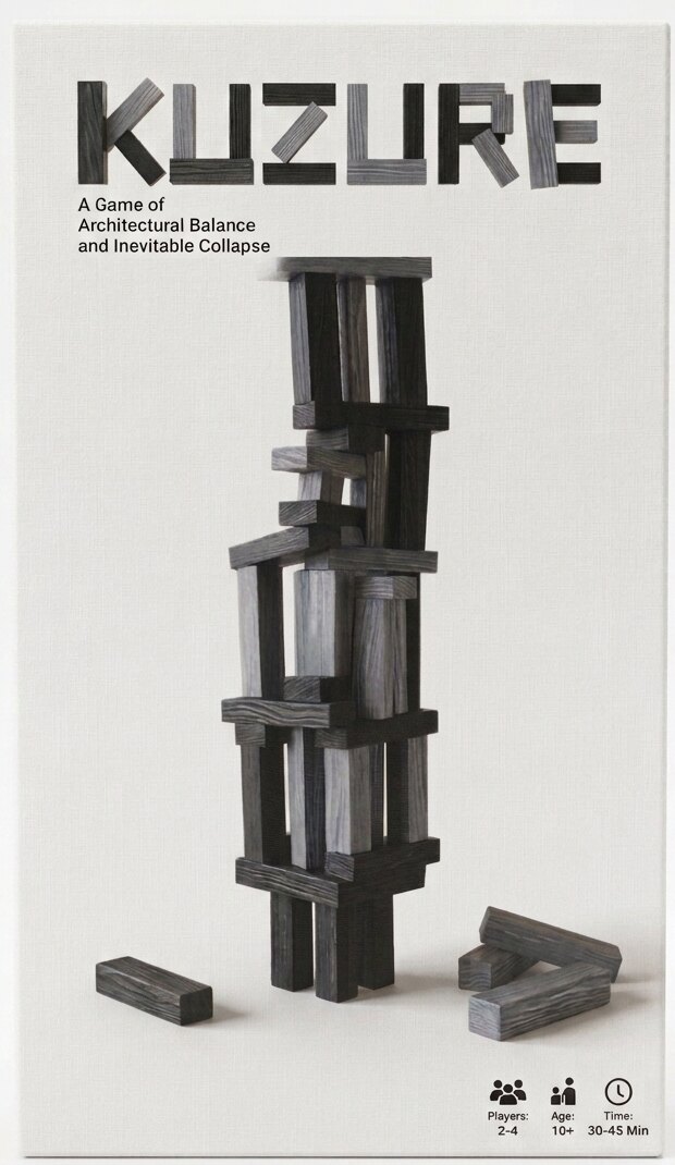 The Kuzure box: charred and silvered wooden blocks stacked into a precarious tower on a linen-white box face