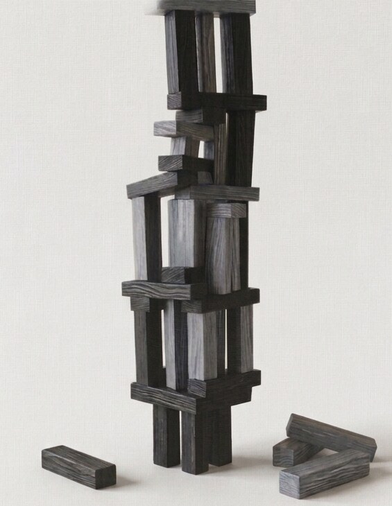 A tall, precarious tower of charred and silvered wooden blocks, fallen blocks scattered at its feet