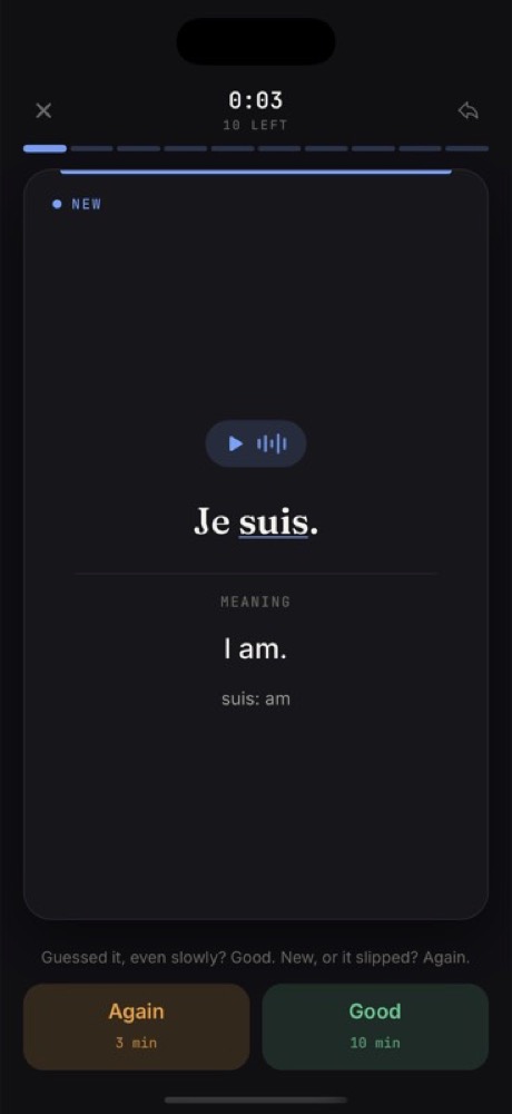 A single Flua study card with native audio and spaced repetition controls.