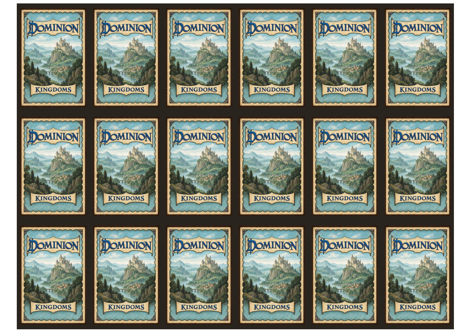 Matching sheet of eighteen card backs with a castle above a river