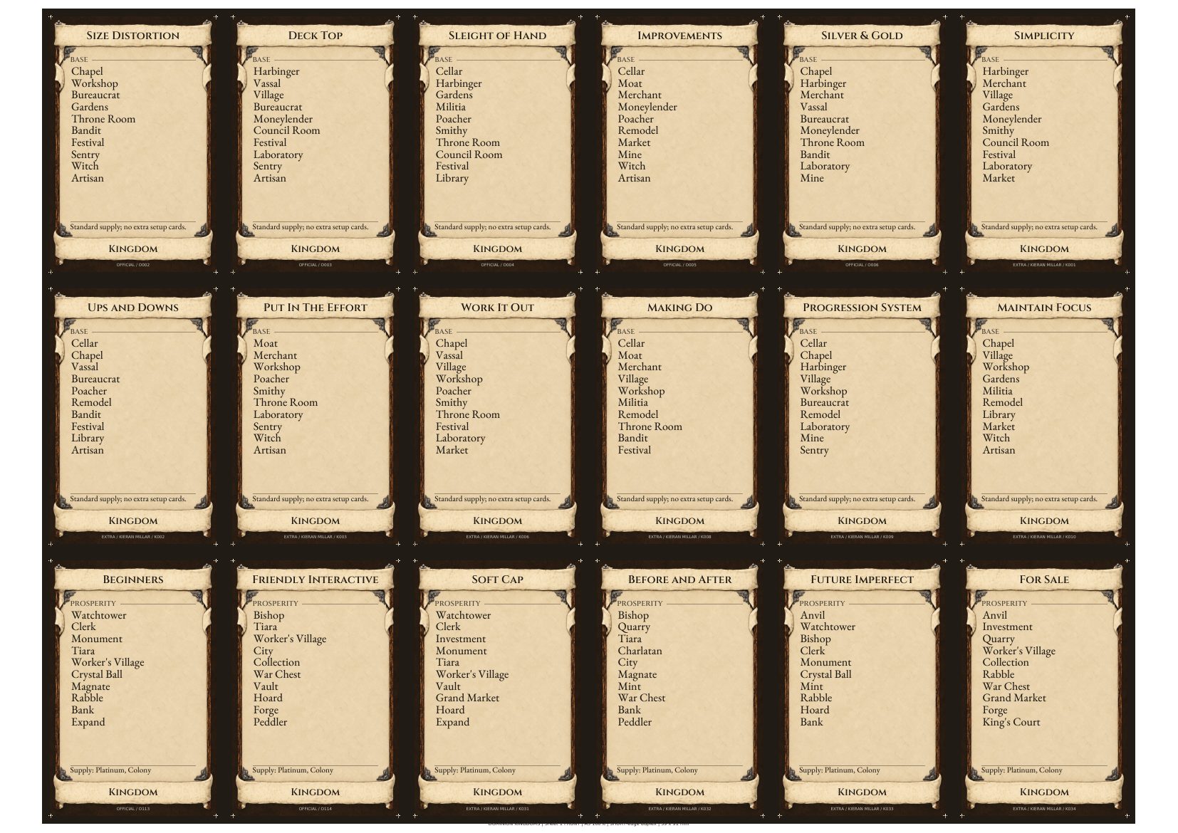 First A3 sheet of eighteen parchment card fronts, each listing a kingdom's ten piles